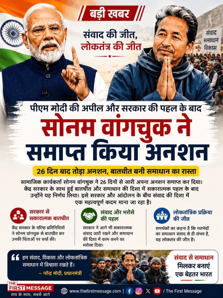 पीएम मोदी की अपील और सरकार की पहल के बाद सोनम वांगचुक ने समाप्त किया अनशन